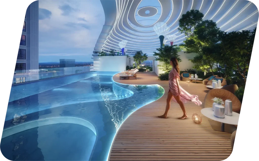 Terrace clubhouse at CINQ featuring open-air leisure spaces and premium lifestyle amenities.